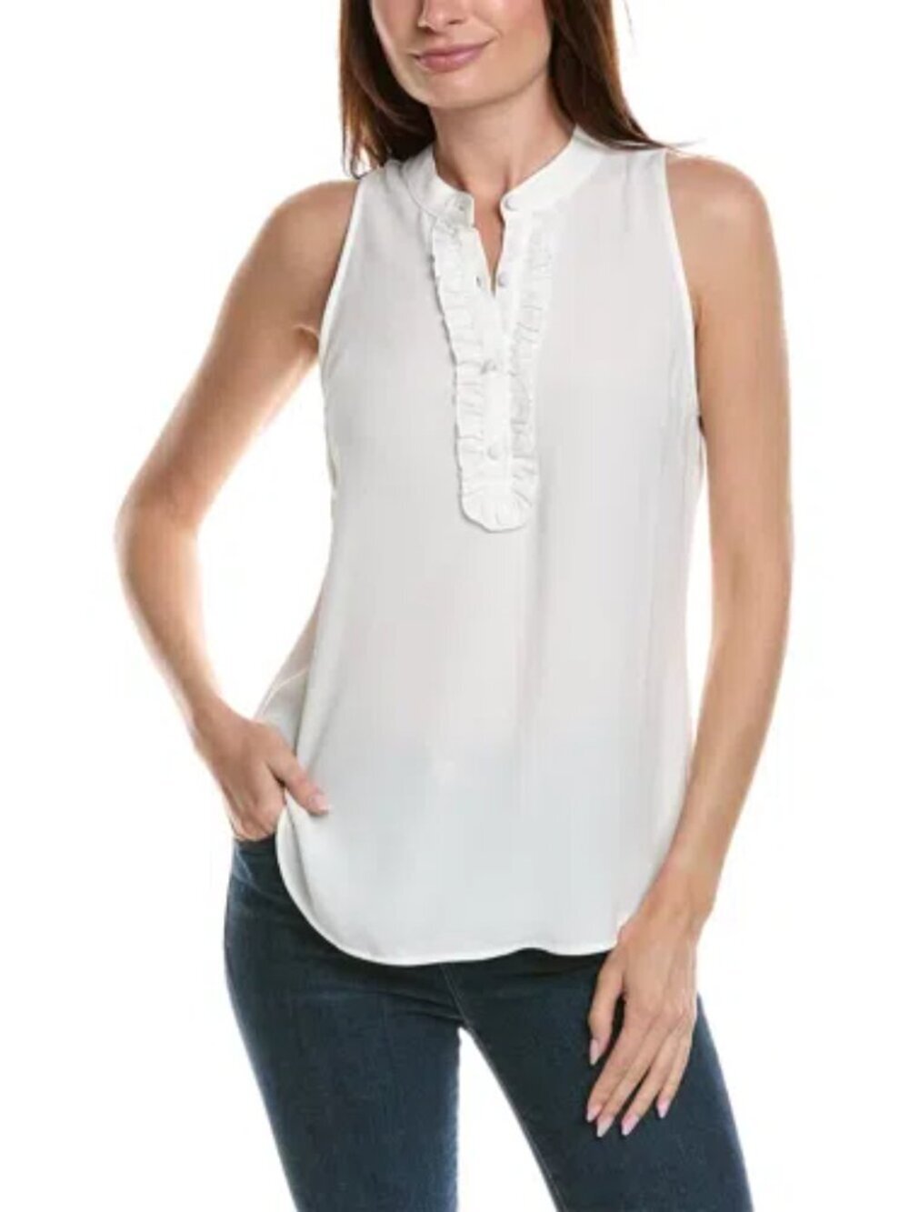 Cabi Frill blouse top shirt ruffle sleeveless white lightweight placket new XS